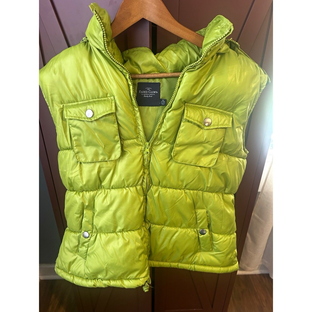 Faded Glory Women’s XL Lime Green Puffer Vest Removable Hood Full Zip